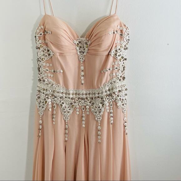 NWT Mignon Metallic Blush Pink Illusion Low Back Chiffon Beaded Maxi Dress 0 - Picture 3 of 12